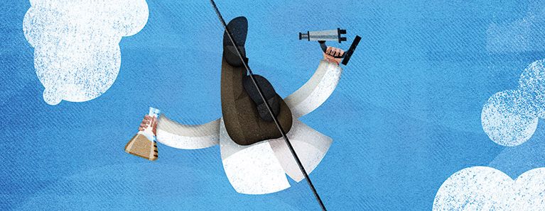 Illustration mit Seiltänzer, der ein Mikroskop und einen Erlenmeyerkolben in der Hand hält