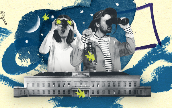 An illustration showing two people with binoculars, with a classical-style building in the foreground