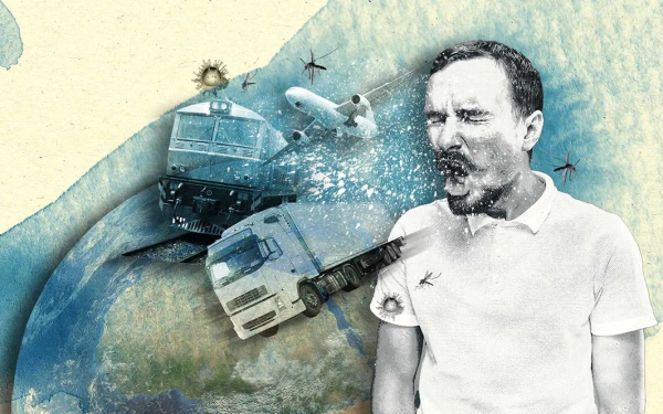 Illustration mit einem niesenden Mann, im Hintergrund Viren-Transportmittel (Flugzeug, Bahn, Truck, Mücke...)