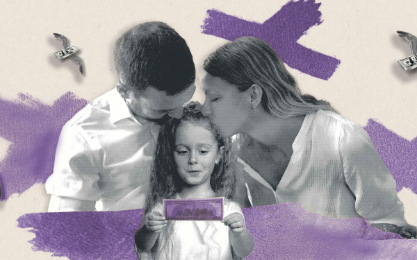 Illustration: A girl is holding a banknote and is being hugged by two adults; in the background, bundles of banknotes are flying through the air