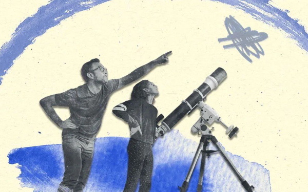 Illustration mit zwei Personen neben einem Teleskop, beide schauen in den Himmel, einer zeigt auf einen Stern