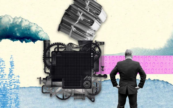 Illustration mit einem Mann vor einer Dampfmaschine, die von Akten angetrieben wird und binären Code produziert