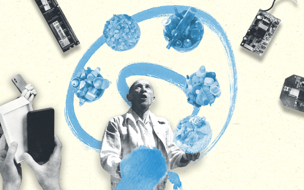 Illustration showing a man standing in the centre of various reusable items
