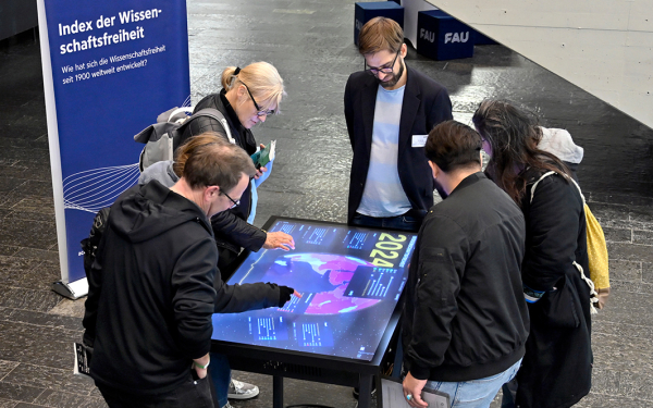 mehrere Personen stehen um einen flachen Bildschirm, auf dem eine in verschiedenen Farben eingefärbte Weltkarte zu sehen ist, dahinter steht ein Banner mit der Aufschrift "Index der Wissenschaftsfreiheit"