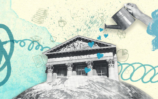 Ein klassizistisches Gebäude mit Aufschrift "Scientia" wächst aus einer Weltkugel, "gegossen" mit Herzen, die aus einer Gießkanne tropfen