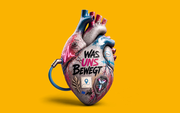 Illustration mit einem Herz, darauf der Text Was uns bewegt und verschiedene Symbole, z.B. ein Windrad