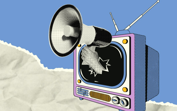 Illustration eines Fernsehers, aus dem eine Hand mit einem Megaphon herauskommt