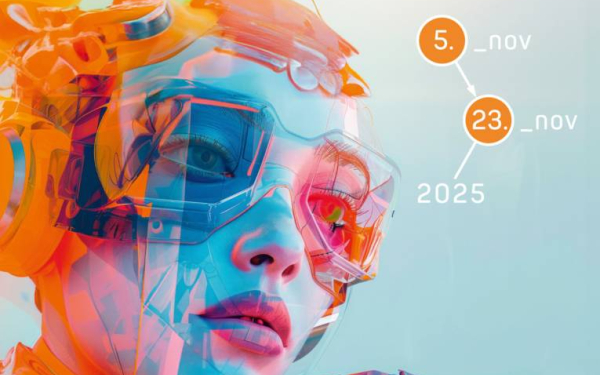 Keyvisual zum Knowember der Wissenschaft: Bunter Roboter mit orange-blauen Elementen vor einem hellen Hintergrund, futuristisch gestaltet.