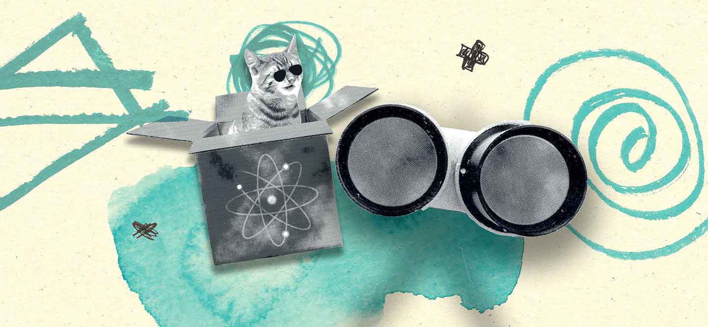 Illustration mit Fernrohr und einer Katze mit Sonnenbrille, die aus einem Karton mit dem Quantenphysik-Atom-Symbol schaut