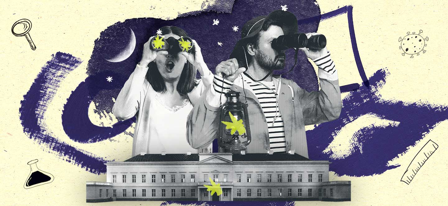 Illustration mit zwei Personen mit Ferngläsern, im Vordergrund ein Schloss