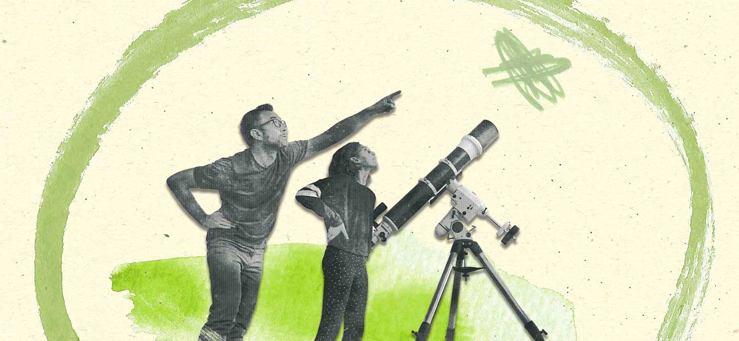 Illustration mit zwei Personen und einem Fernrohr, das auf einen Punkt am Himmel gerichtet ist