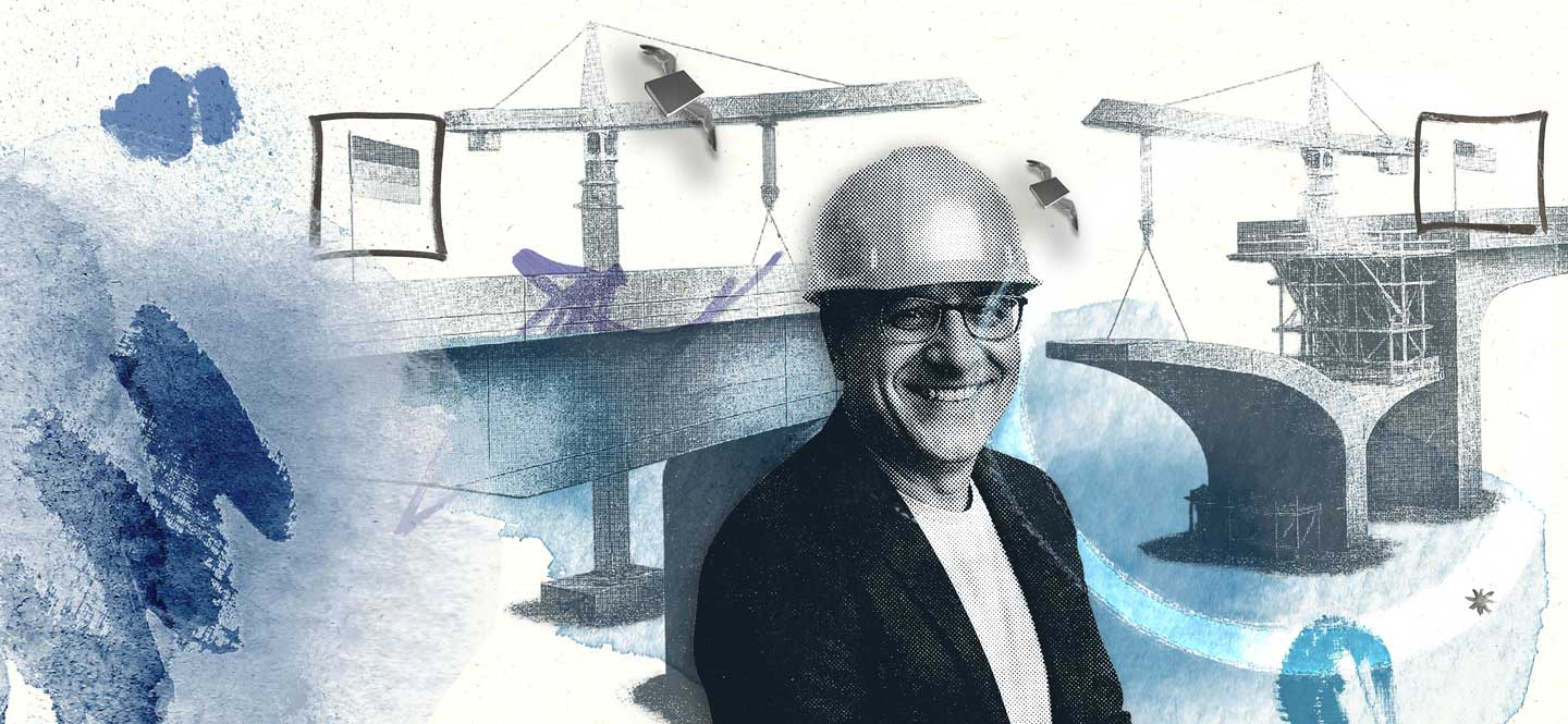 Illustration mit Mann mit Schutzhelm vor einer Brückenbaustelle, an der zwei unterschiedliche Brücken, eine mit US und eine mit deutscher Fahne, aufeinandertreffen