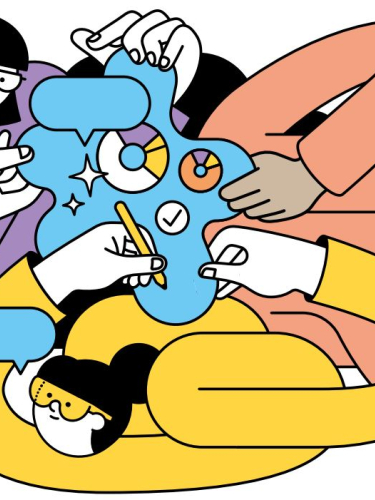Illustration mit drei Figuren, die Kommentare zu einer zentralen Darstellung mit Diagrammen machen