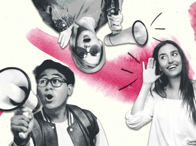 Illustration mit drei Personen, zwei davon mit Megafon, eine Person hält sich die Hand ans Ohr, wie um besser zu hören