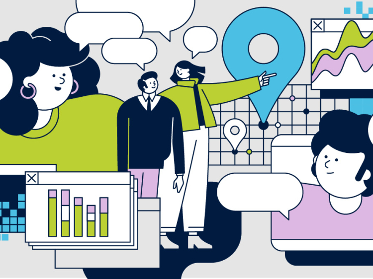 Grafik Webtalk Wissenschaftskommunikation mit Menschen, wissenschaftlichen Darstellungen und Sprechblasen