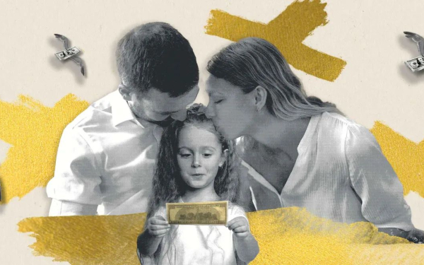 Illustration with a man and a woman kissing a girl in their middle who is holding a dollar note