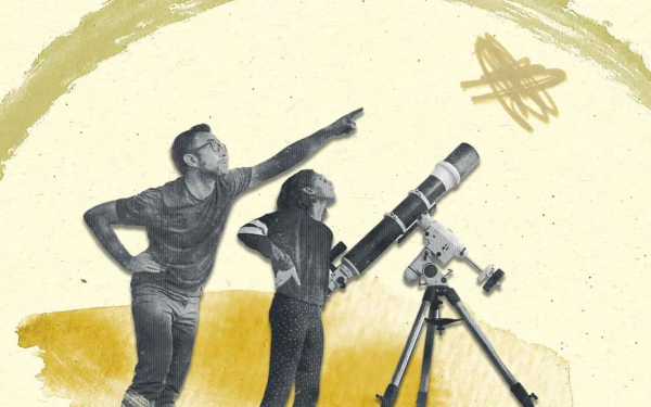 Illustration mit zwei Personen neben einem Teleskop, die in den Himmel schauen und zeigen