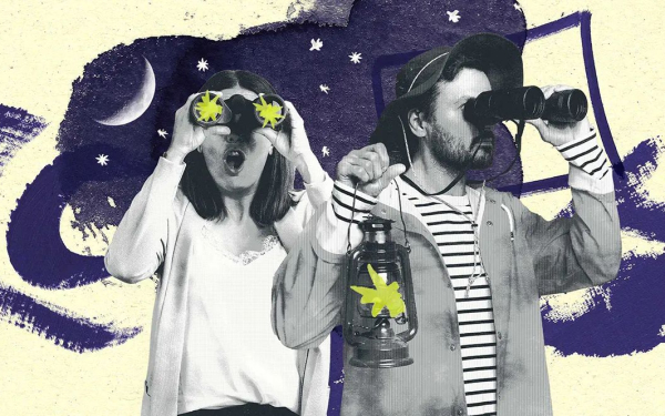 Illustration with two people looking through binoculars in amazement