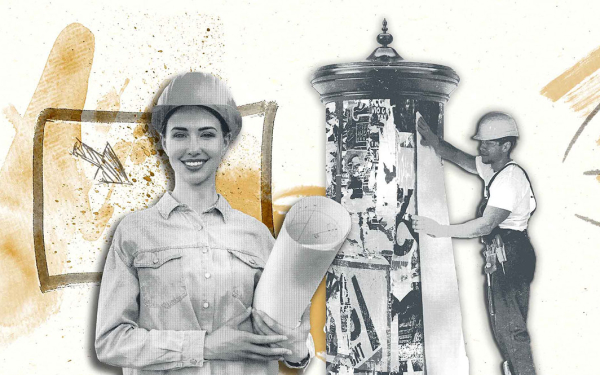 Illustration mit zwei Personen, eine hält einen Bauplan, die andere überklebt eine Litfasssäule