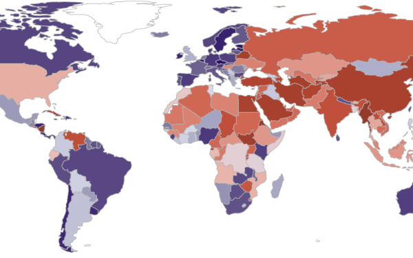Farblich eingefärbte Weltkarte, die den Zustand des Academic Freedom in allen Ländern im Jahr 2025 zeigt.