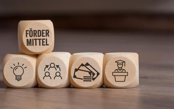 several wooden cubes with symbols, including a light bulb and a doctor's hat, a cube with the inscription "Fördermittel" (funding)