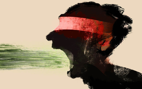 Abstrakt dargestellte Person mit rotem Band vor den Augen bei der ein grüner Schwall aus dem Mund kommt.