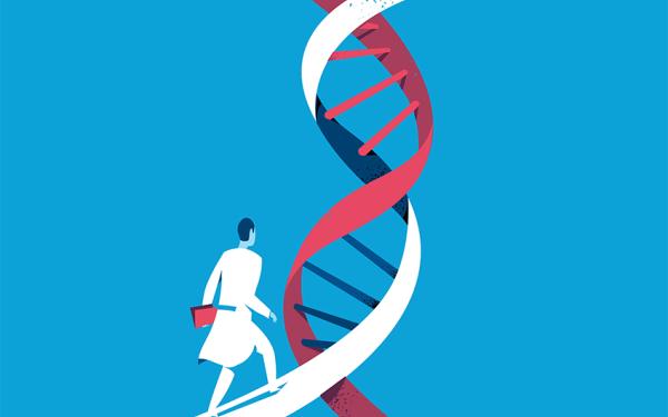 Comic-like depiction of a person climbing a DNA ladder.