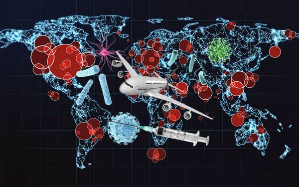 Vernetzte Weltkarte, auf der eine Spritze, Viren und ein Flugzeug abgebildet sind