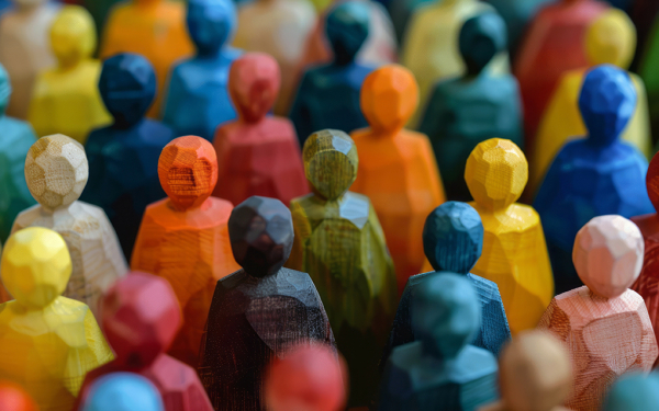 Das Bild zeigt eine Gruppe hölzerner Spielfiguren in unterschiedlichen Farben.