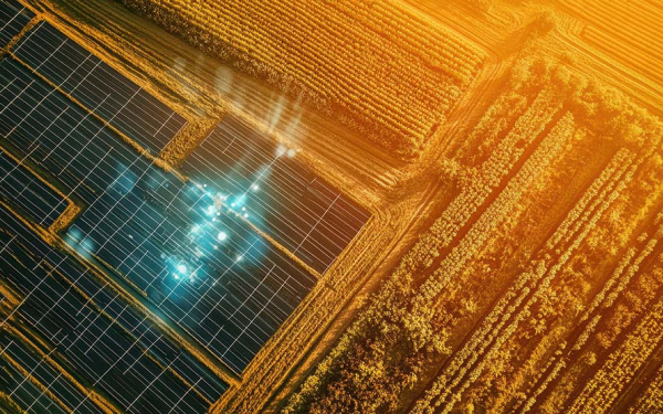 Man sieht ein Feld und Solarzellen von oben, auf die die Sonne stark scheint.