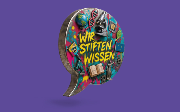 Sprechblase mit Text "Wir stiften Wissen"
