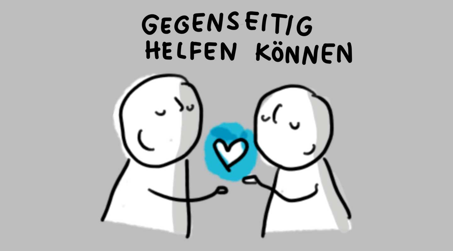 Illustration mit zwei Figuren die sich ein Herz reichen, darüber Text Gegenseitig helfen können