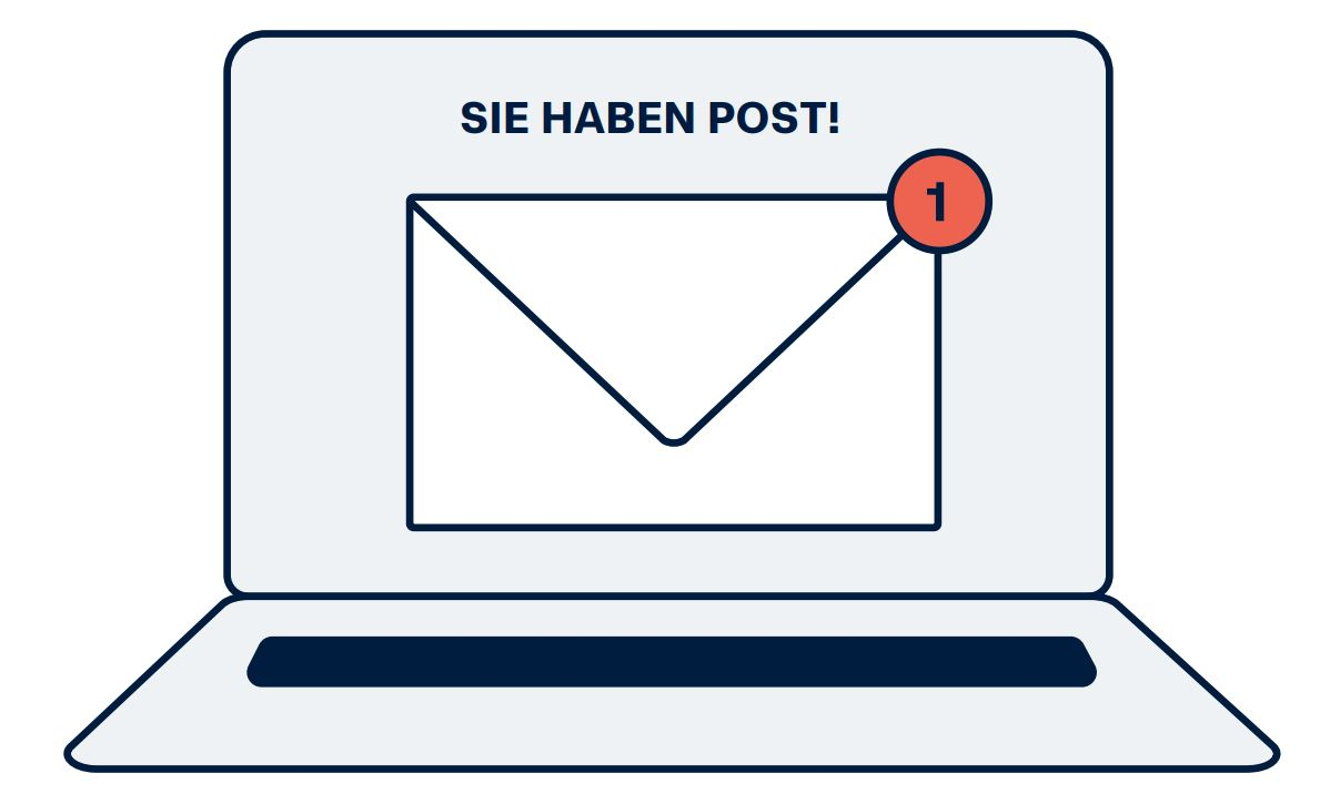 Illustration zeigt einen stilisierten aufgeklappten Laptop mit einem "Sie haben Post" Symbol