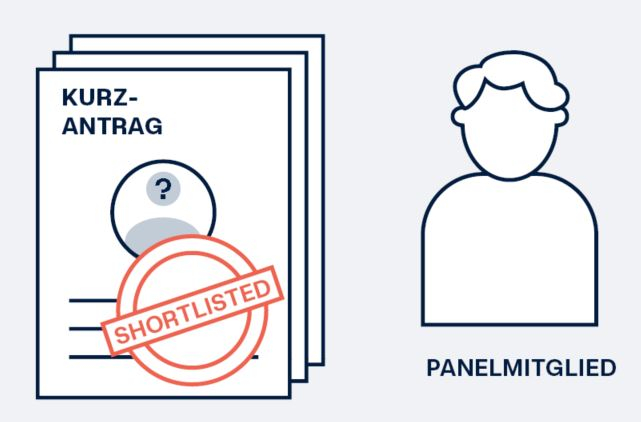 Illustration zeigt stilisiert einen Kurzantrag mit dem Stempel '"Shortlisted" und ein Panelmitglied