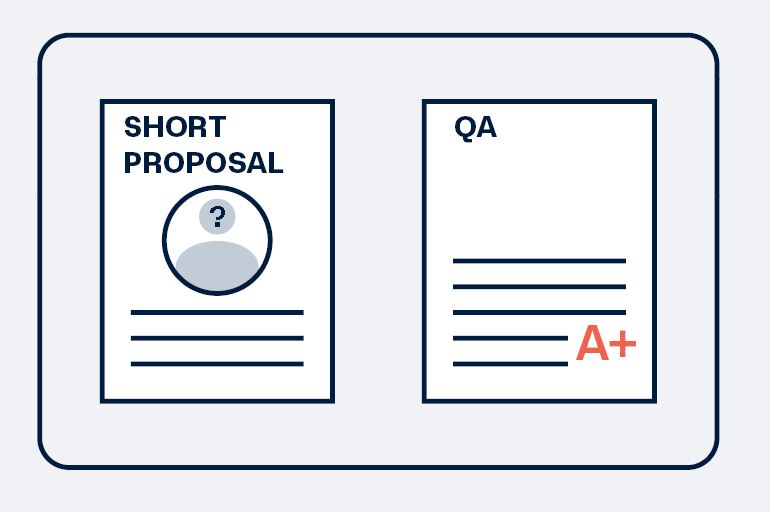 Illustration with two papers, one with "short proposal", the other one with "QA"