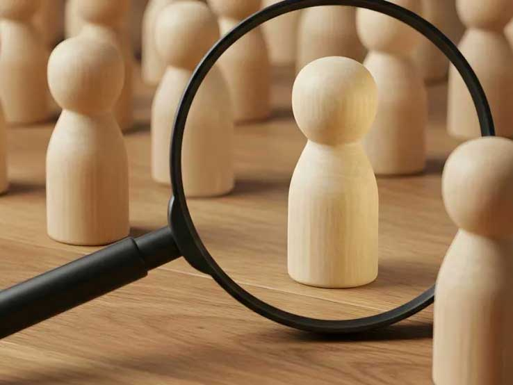 Feld mit Holzfiguren, dazwischen eine hochkant gestellte Lupe