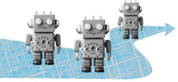 Illustration mit drei Robotern auf einem Pfeil