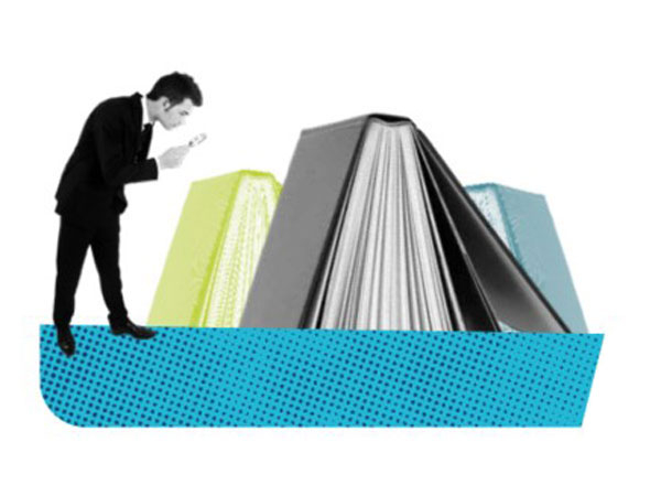 Illustration mit einem Menschen, der riesige Bücher mit einer Lupe betrachtet