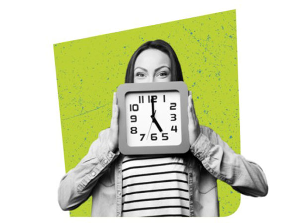 Illustration mit einer Frau, die eine große Uhr hält