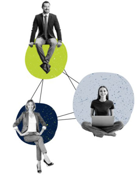 Illustration mit drei Personen in unterschiedlichen Sitzpositionen in drei durch Linien miteinander verbundenen Kreisen