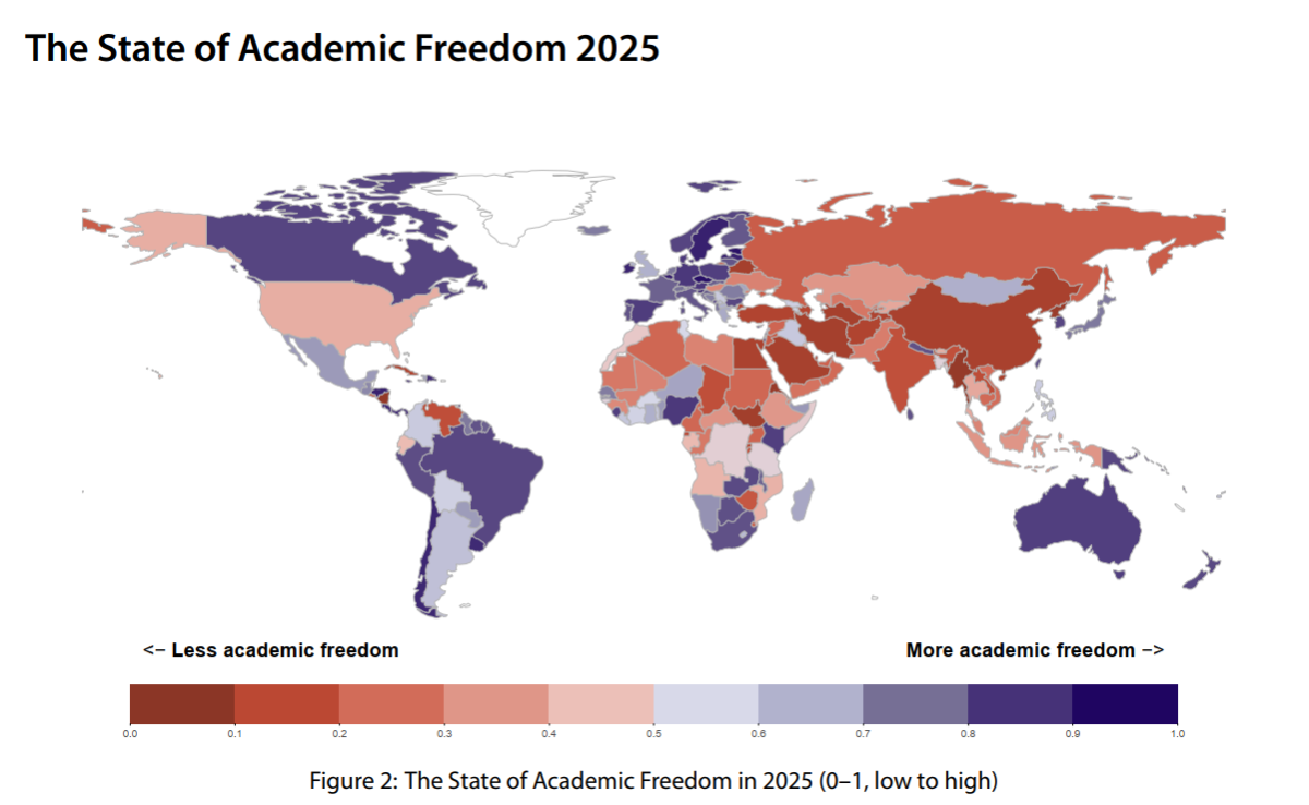 Farblich eingefärbte Weltkarte, die den Zustand des Academic Freedom in allen Ländern im Jahr 2025 zeigt.