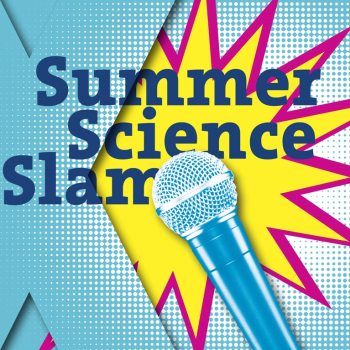 Mikrofon mit grafischem Hintergrund und dem Schriftzug "Summer Science Slam"