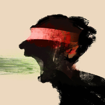 Abstrakt dargestellte Person mit rotem Band vor den Augen bei der ein grüner Schwall aus dem Mund kommt.