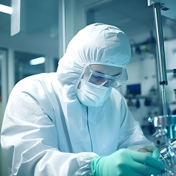 Das Bild zeigt eine Person im Labor mit Schutzkleidung