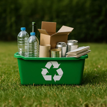 Das Bild zeigt eine grüne Plastikwanne mit verschiedenen Müllarten drinnen.