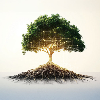 Das Bild zwigt einen mit KI generierten Laubbaum mit großem Wurzelwerk