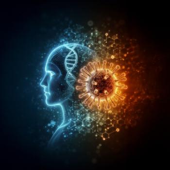 A high-impact, modern key visual symbolizing “Personalized Infectious Medicine”  _A human silhouett