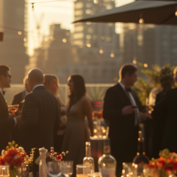 Das Bild zeigt Businesspersonen, die bei Sonnenuntergang auf einer Dachterrasse stehen und sich miteinander unterhalten.