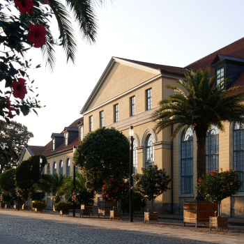 Das Bild zeigt die Orangerie Herrenhausen, davor Pflanzkübel mit Pflanzen aus aller Welt. 