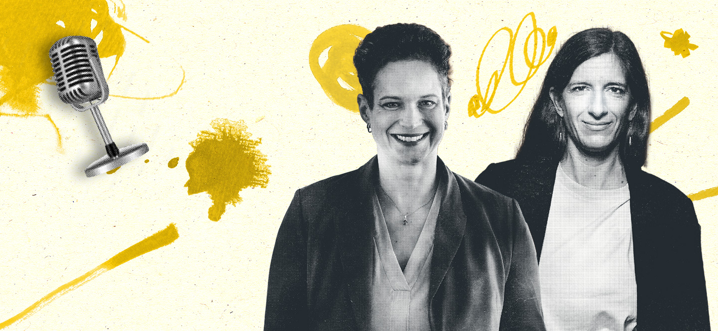 Illustration mit zwei Frauen und einem Mikrofon